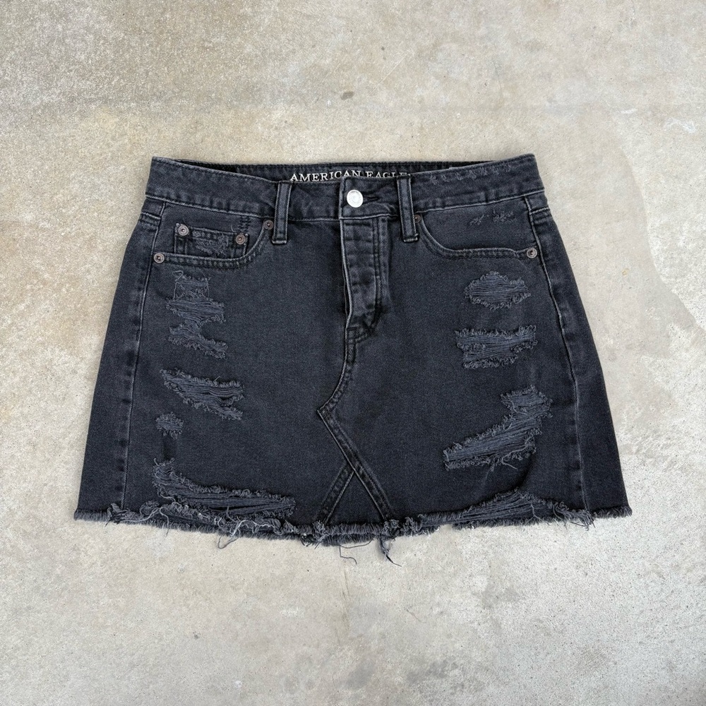 American Eagle Outfitters Black Distressed Denim Mini Skirt
